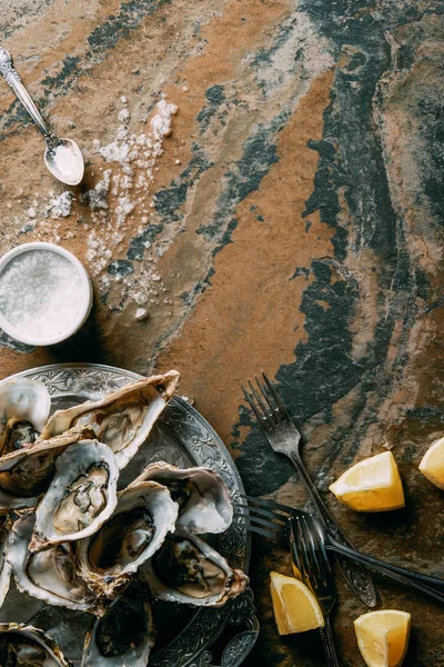 Top view of arrangement of oysters and lemon pieces on grungy tabletop — Stock Photo