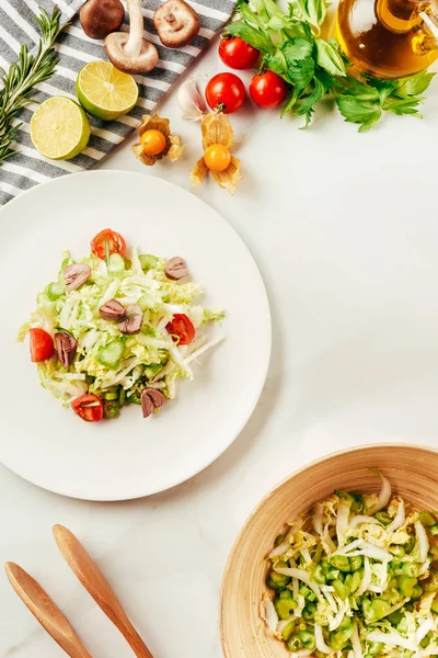 Salat, Kohl und Sellerie im Teller mit einer Flasche Öl, Kirschtomaten, Limetten und Pilzen — Stockfoto