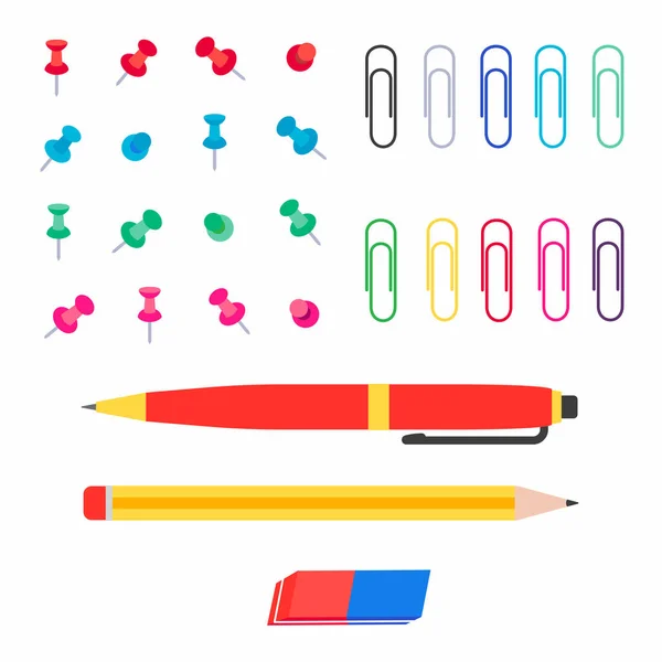 办公多色纸针 回形针 铅笔和橡皮擦平式矢量插图集 在白色背景上隔离 教育和商业用品 — 图库矢量图片