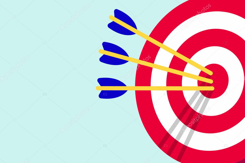 Red white target with arrows in the bullseye with shadows on it. Goal achieving symbol icon sign vector banner illustration isolated on light blue background flat style design