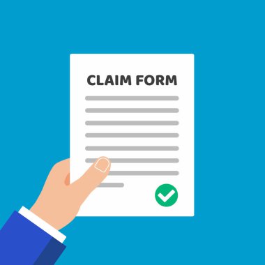 El tutma sayfa doldurmak için talep formu ile kağıt, düz metin ve onay işareti zamanında açık mavi renkli vektör illüstrasyon izole stil tasarım