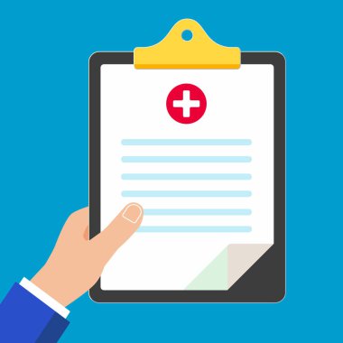 El tutma Pano tıbbi metin talep formu üstünde o ile kağıt sayfalarının, sağlık sigortası çapraz ve mavi renkli vektör illüstrasyon izole. Tıbbi bakım sigorta düz tasarım stili.