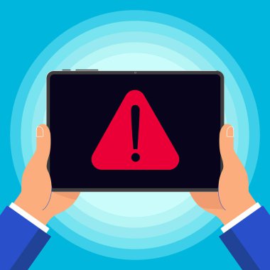 Uyarı bildirimi sembol simge siyah tabletiyle holding eller üzerinde arka izole ekranında oturum açın. İnsan eli vektör çizim düz tasarım tarzında yastık. Lütfen dikkat,!