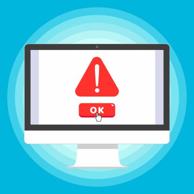 Modern elektronik aygıt - tasarım monitör düz veya tüm bir Pc illüstrasyon dikkat işareti, imleç ve kırmızı düğmeye Tamam üzerinde mavi arka plan izole ekranda vektör. Düz stil tasarım.