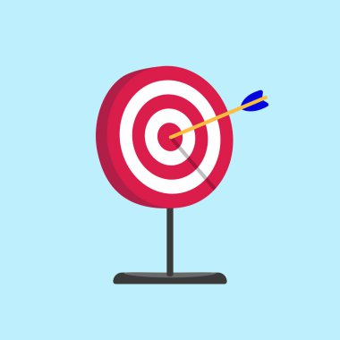 Stand tabanı ve üzerine ağır gölgeli bullseye oku kırmızı beyaz hedefle. Sembol simge işareti düz stil vektör çizim üzerinde açık mavi renkli izole ulaşma hedefi