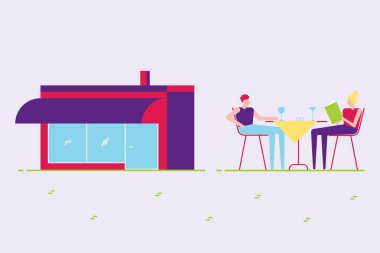 Erkek ve kadın bir çift dışında kafe veya bina ve yeme, içme, okuma menü kahvehane yanında oturan. En az düz stil tasarlamak vektör, yaz eğlence kavramı soyut