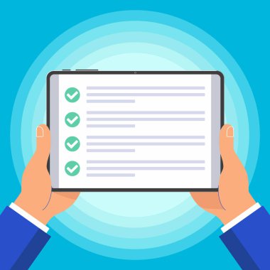Onay işaretleri onay üstünde belgili tanımlık perde ile tutun pad aygıt tablet düz tasarım elleri ve metin simgesini işaret illüstrasyon vektör. Teknoloji kavramı üzerinde izole mavi arka plan doldurmak için online anket.