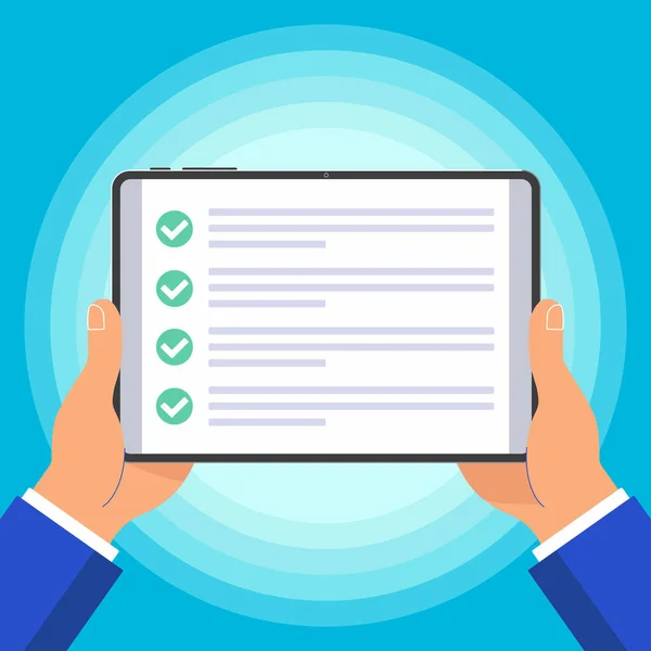 手をホールド パッド デバイス タブレット フラット デザイン画面に刻みのチェック マークとテキスト アイコン サイン ベクトル — ストックベクタ