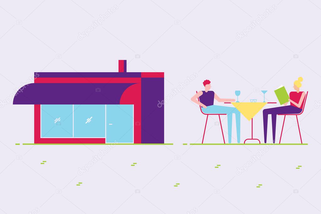 Male and female couple sitting outside  next to cafe or coffee shop building and eating, drinking, reading menu. Abstract minimal flat style design vector illustration, concept of summer leisure