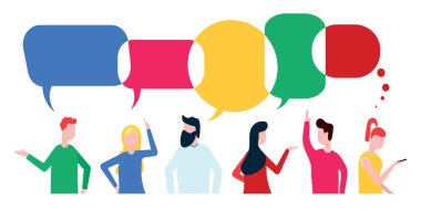 İşadamları sosyal konuşma ağ tartışmak, sosyal ağ sohbet veya beyaz arka plan üzerinde izole sohbet kabarcıklar düz stil vektör çizim ile diyalog. Haberler, mesaj veya fikir kavramı paylaşımı.