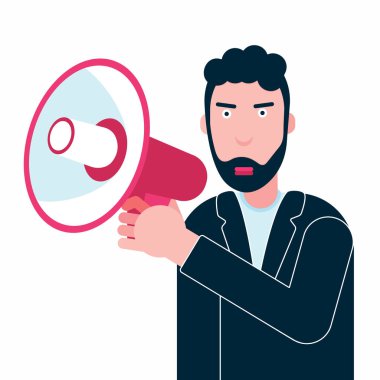 İş adamı gürültü hoparlör konuşmasında konuşurken takım elbiseli. Beyaz arka plan üzerinde konuşma, liderlik ya da sokak protesto kavramı sembol düz stil vektör illüstrasyon izole kanepe