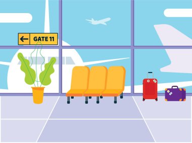 Havaalanı bekleme odasında. Lounge kalkış sandalye koltuk, Bagaj çanta, uçaklar ve büyük pencere düz stil vektör çizim üzerinde açık mavi renkli izole yanındaki yeşil bitki ile