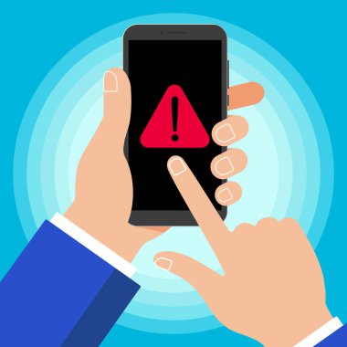Uyarı bildirimi sembol simge işareti üzerinde arka izole ile siyah cep telefonu tutan el. İnsan eli ve işaretçi parmak Smartphone dokunmatik screenvector illüstrasyon düz tasarım stili 