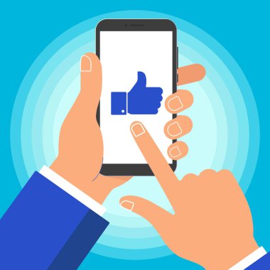 Siyah cep telefonu üzerinde mavi arka plan izole tutan el. İnsan eliyle simgesini işaret ve işaretçi parmak başparmak gibi akıllı telefon dokunmatik ekran düz tasarım vektör çizim. Sembolü Tamam.