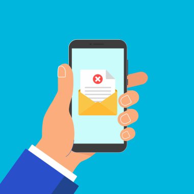 Elimi tutun telefona zarf belge kağıt levha sayfa onay işareti ile metin simgesini işaret illüstrasyon vektör. E-posta dağıtımı, doğrulama düz tasarım konsepti üzerinde mavi arka plan izole sembolü.