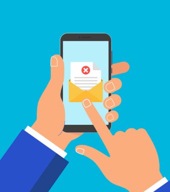 Elimi tutun telefona zarf belge kağıt levha sayfa onay işareti ile çapraz ve dokunmatik ekran düz stil vektör illüstrasyon izole mavi arka plan üzerinde metin simgesini işaret ve işaret parmağı işaretçi.