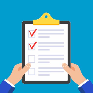 Pano kontrol listesi ile holding eller bu kağıt sayfalarının formunda iddia, Ok X açık mavi renkli düz stil tasarım vektör çizim üzerinde izole onay kutusunu, onay onay işaretleri