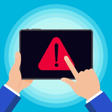 Uyarı bildirimi sembol simge işareti üzerinde arka izole ile siyah tablet cihaz tutan el. İnsan eli ve işaretçi parmak değmek screenvector illüstrasyon düz tasarım stili yastık. Dikkat! 