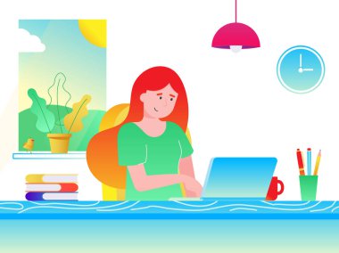 Kız işkadını rahatlatıcı çalışma üstünde laptop ofisteki serbest. Kadın, defter, Resepsiyon, kitap, kalem, kurşun kalem, lamba, fincan kahve, pencere, saat düz stil degrade sürümü vektör.