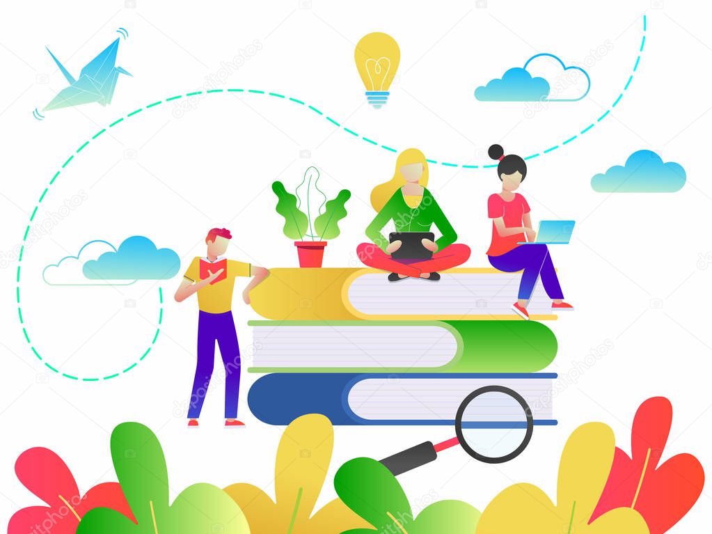 Education concept of online tutorial training courses, web education or video courses flat style design vector illustration. Student studying with online tutorials, books and devices isolated gradient