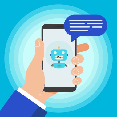 Siyah cep telefonu üzerinde mavi arka plan izole tutan el. Smartphone sohbet bot ile insanın elinde ekranda konuşmak ve sohbet kabarcık düz tasarım vektör çizim üzerinde attı. Sohbet kavramı.
