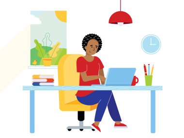 Kız işkadını rahatlatıcı çalışma üstünde laptop ofisteki serbest. İllüstrasyon izole kadın, defter, Resepsiyon, kitap, kalem, kurşun kalem, lamba, fincan kahve, pencere, saat düz stil vektör