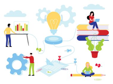 İnsanlar fikir düz stil vektör çizim için birlikte çalışır. Takım çalışması ve iş inşaat ve analitics büyüyen fikir kavramı. Eğitim çalışma alanı şeyler, beyaz arka plan üzerinde izole insanlar