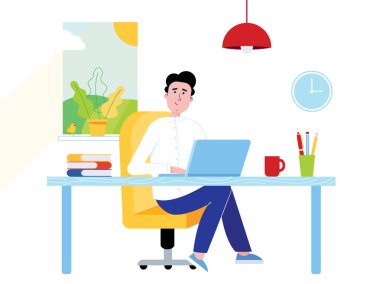 Bir dizüstü bilgisayarda evde çalışma office gömlekli bir iş adamı. Dostum, defter, tablo, kitap, kalem, kurşun kalem, lamba, fincan kahve, pencere, saat düz vektör illustratration izole beyaz arka plan üzerinde.