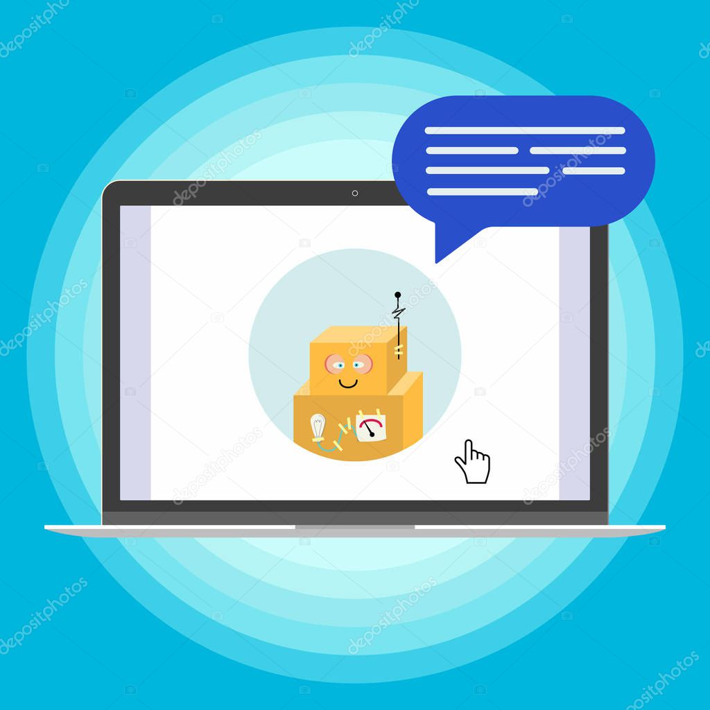 Modern device - laptop, notebook, netbook pc flat design with chat bot speak in the bubble popped on screen icon vector illustration. Technology concept of online chatting isolated on blue background