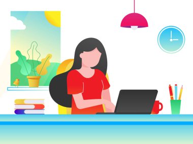 Kız işkadını rahatlatıcı çalışma üstünde laptop ofisteki serbest. Kadın, defter, Resepsiyon, kitap, kalem, kurşun kalem, lamba, fincan kahve, pencere, saat düz stil degrade sürümü vektör.