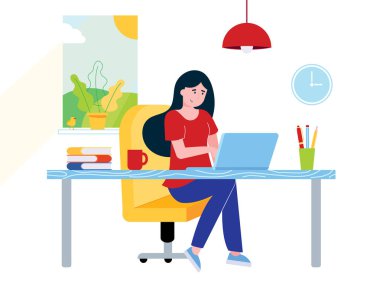 Kız işkadını rahatlatıcı çalışma üstünde laptop ofisteki serbest. İllüstrasyon izole kadın, defter, Resepsiyon, kitap, kalem, kurşun kalem, lamba, fincan kahve, pencere, saat düz stil vektör
