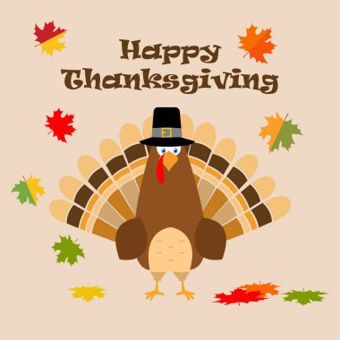 Şükran günü tebrik kartı Türkiye kuş hacı şapka. Komik karikatür karakter tatil. Vektör çizim akçaağaç arka plan bırakır.