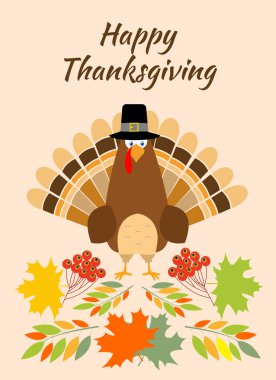 Şükran günü tebrik kartı Türkiye kuş hacı şapka. Komik karikatür karakter tatil. Çilek arka plan vektör çizim akçaağaç yaprakları.
