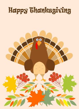 Şükran günü tebrik kartı Türkiye kuş hacı şapka. Komik karikatür karakter tatil. Vektör çizim akçaağaç arka plan bırakır.