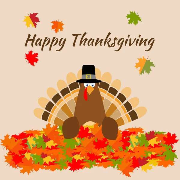 Thanksgiving greeting card turkey bird Pilgrim hat. Funny cartoon character holiday. Vector illustration pile maple leaves background.