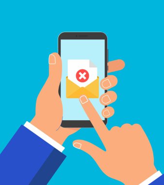 Elimi tutun telefona zarf belge kağıt levha sayfa onay işareti ile çapraz ekran düz stil vektör illüstrasyon izole mavi arka plan üzerinde metin simgesini işaret ve işaret parmağı işaretçi el değmeden.