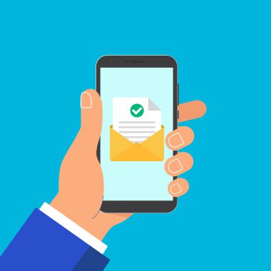 Elini tut zarf belge kağıt levha sayfa onay işareti kene ile telefon ve metin simgesini işaret illüstrasyon vektör. E-posta dağıtımı, doğrulama düz tasarım konsepti üzerinde mavi arka plan izole sembolü.