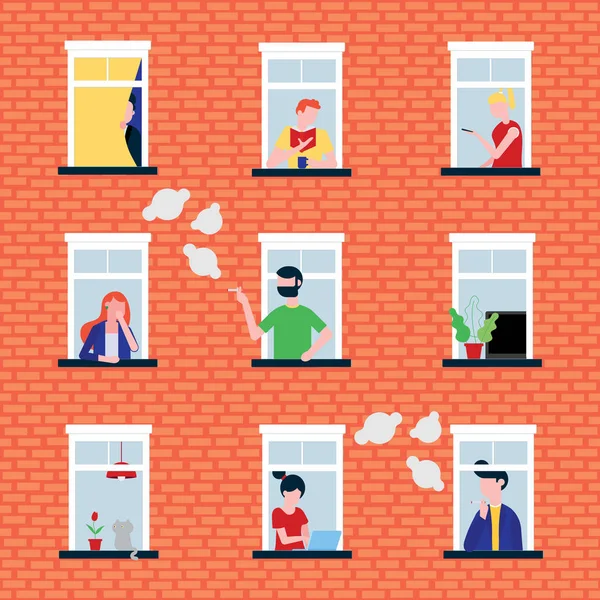 Varias Personas Sus Ventanas Detrás Caracteres Pared Ladrillo Ilustración Vectorial — Vector de stock