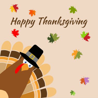 Şükran günü tebrik kartı Türkiye kuş hacı şapka. Komik karikatür karakter tatil. Vektör çizim kazık akçaağaç arka plan bırakır.