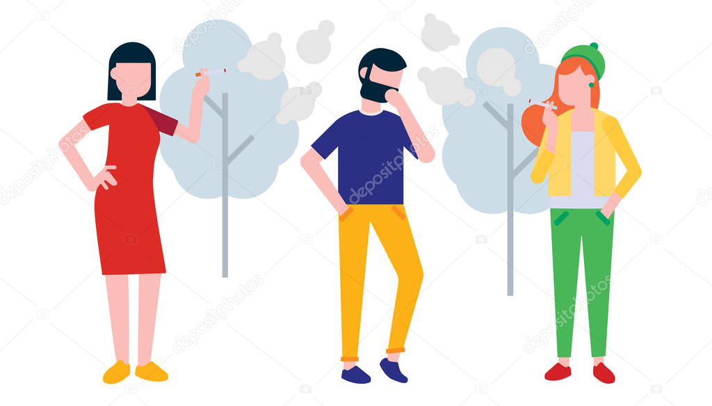 Group of smoking people. Woman and girl smoke cigarette, man coughing in his hand. Concept of passive smoking flat style illustration isolated on white background with trees