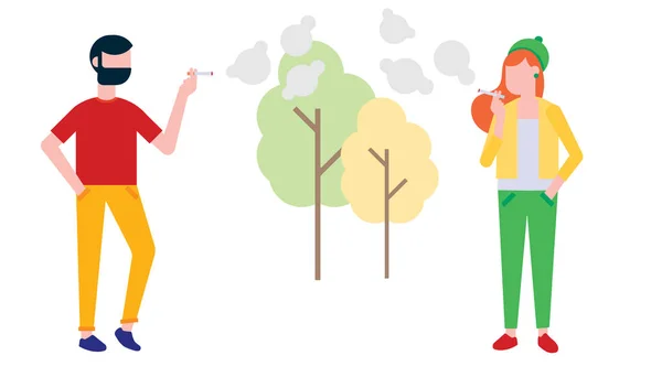Group of smoking people. Teenager girl and man smoke cigarette. Concept of smoking lifestyle and bad habits flat style design vector illustration isolated on white background with trees