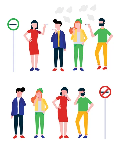 Group of smoking and coughing people. Teenager girl, young boy, woman and man smoke cigarettes and coughing near icon signs no smoking and smoking area flat style design vector illustration isolated