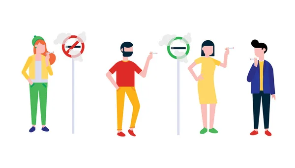 Group of smoking people. Teenager girl, young boy, woman and man smoke cigarettes near signs no smoking and smoking area flat style design vector illustration isolated on white background