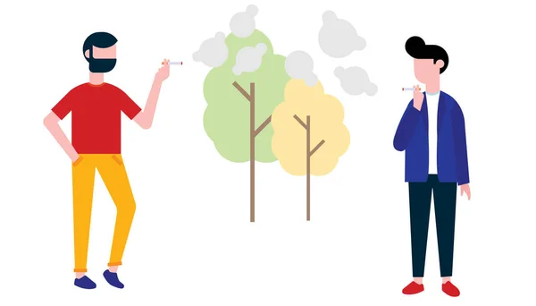 Group of smoking people. Teenager boy and man smoke cigarettes. Concept of smoking lifestyle and bad habits flat style design vector illustration isolated on white background with trees