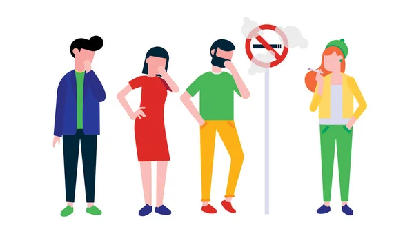 のグループ 女の子は 禁煙の標識近くタバコを吸います 少年たちの手で咳します 受動喫煙フラット スタイルの図が白い背景で隔離の概念 — ストックベクタ