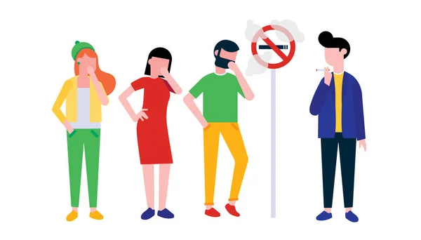 のグループ 少年は 禁煙の標識近くタバコを吸います 女性と少女たちの手で咳します 受動喫煙フラット スタイルの図が白い背景で隔離の概念 — ストックベクタ