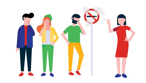 のグループ 女性は 禁煙の標識近くタバコを吸います 少年と少女たちの手で咳します 受動喫煙フラット スタイルの図が白い背景で隔離の概念 — ストックベクタ