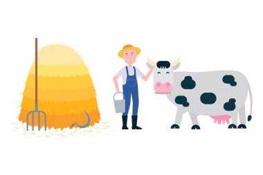 Çiftçi orak ve kova saman ve siyah beyaz yığını yakınındaki içinde onun ağız düz stil vektör illüstrasyon izole beyaz arka plan üzerinde çim Ayaklıklı inek gördüm. Süt üreten sembolü.