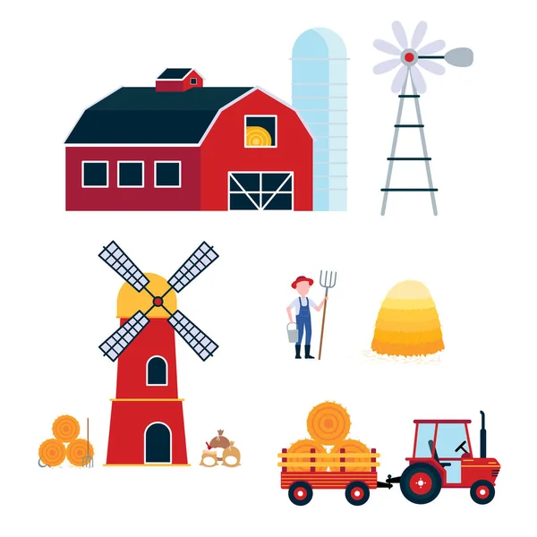 Farming Harvecting Equipment Agriculture Set Red Barn Silo Windmill Mill — Stock Vector