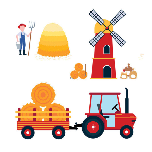 Red mill, harvesting tractor with semi-trailer and hay bale icon sign, haystack, hay sheaf and farmer with hayfork and bucket set isolated on white background flat design style vector illustration